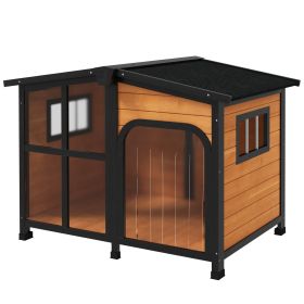 43" L Wooden Dog House, Outdoor Waterproof Dog Kennel for Large Dogs with Openable Roof & Giant Window, Yellow